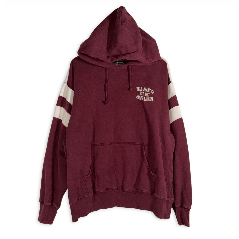 Vintage Y2K Polo Jeans Co Ralph Lauren XL Burgundy Varsity Stripe Hoodie